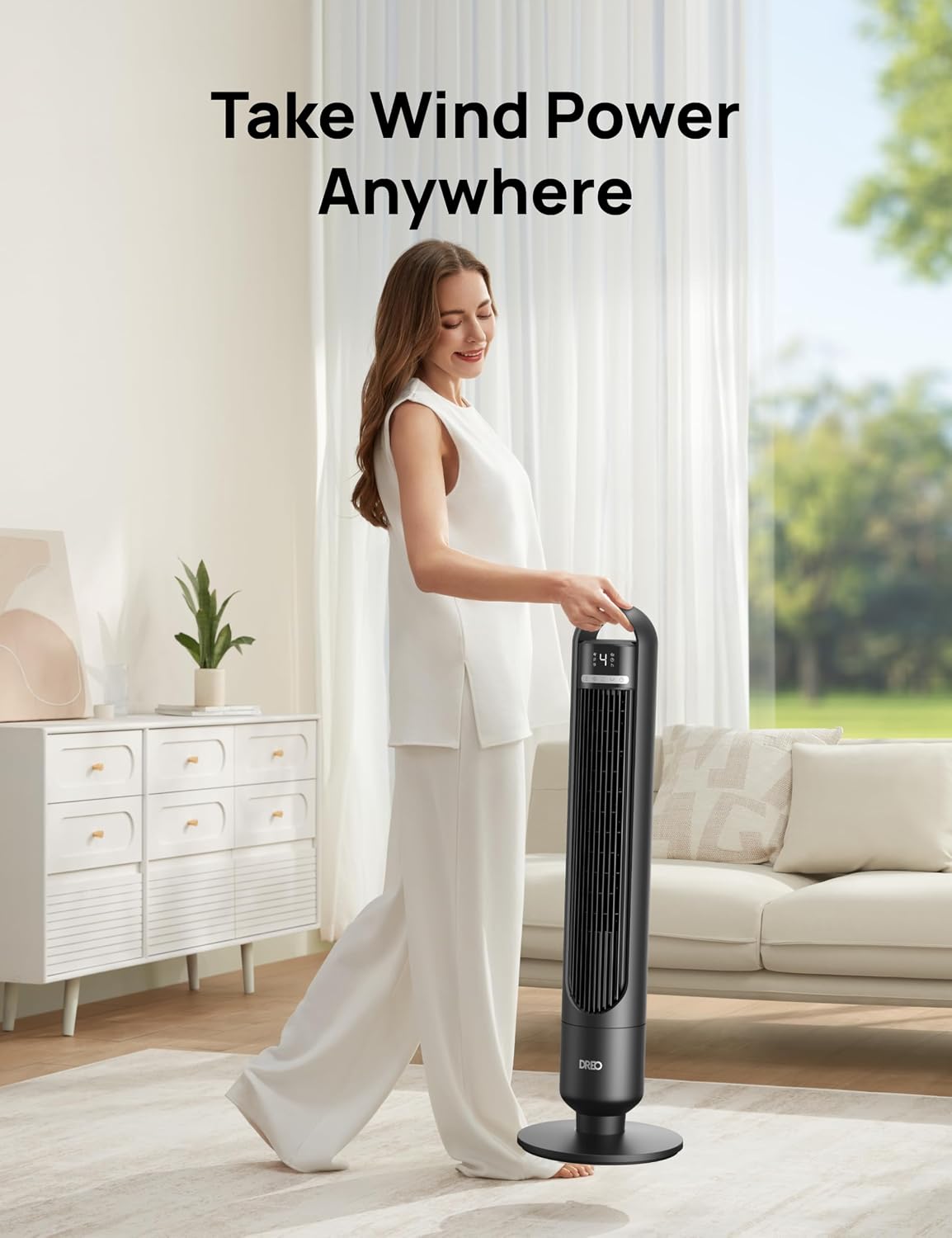 DREO Tower Fan for Bedroom, 26ft/s Velocity, 90° Oscillating, 8H Timer