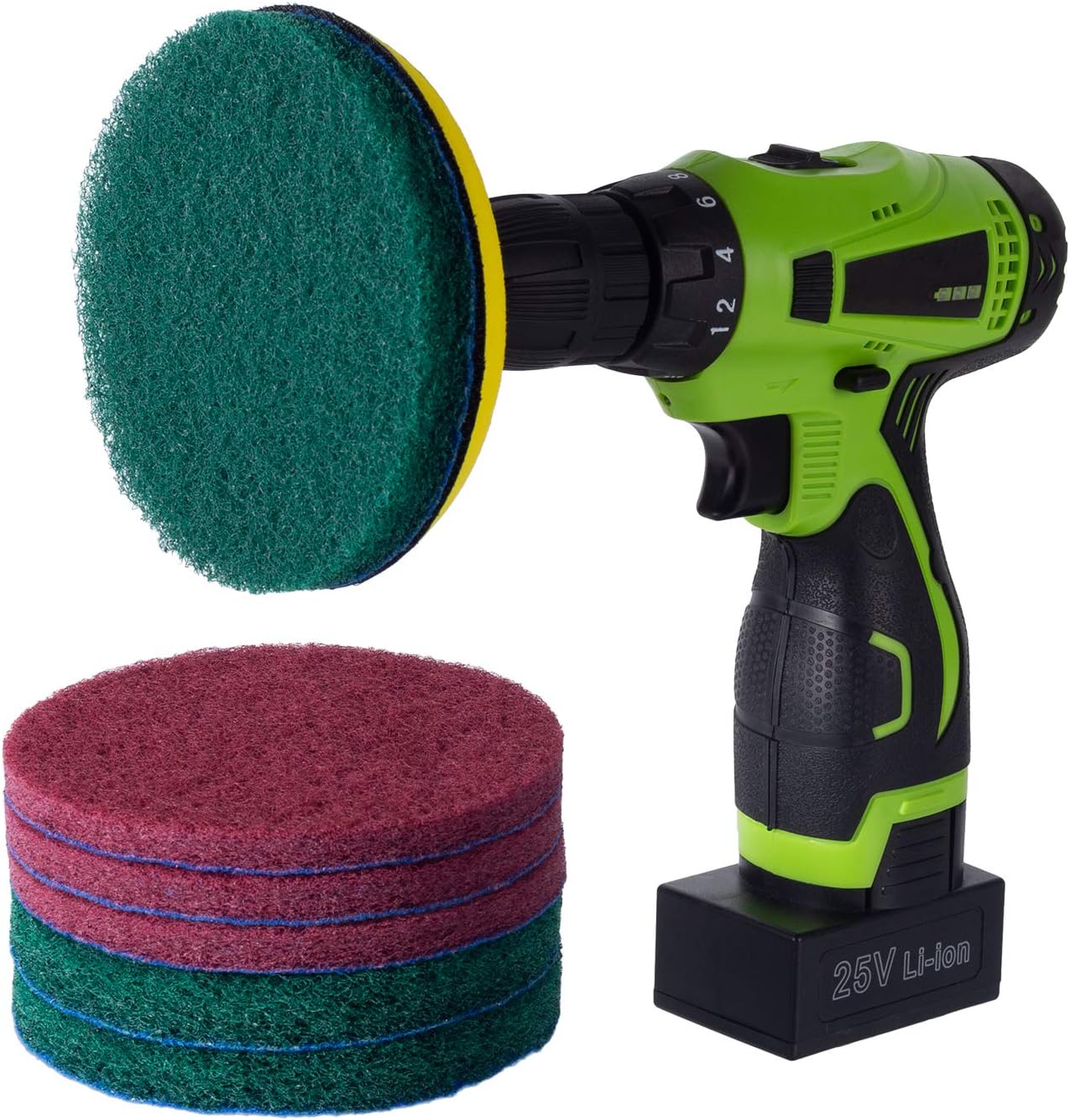 5 Inch Drill Powered Brush Tile Scrubber Scouring Pads | 2 Different Stiffness, 5" Pad Holder with 6 Scrubbing Pads, Cleans Large Flat Areas Perfectly (Drill NOT Included)