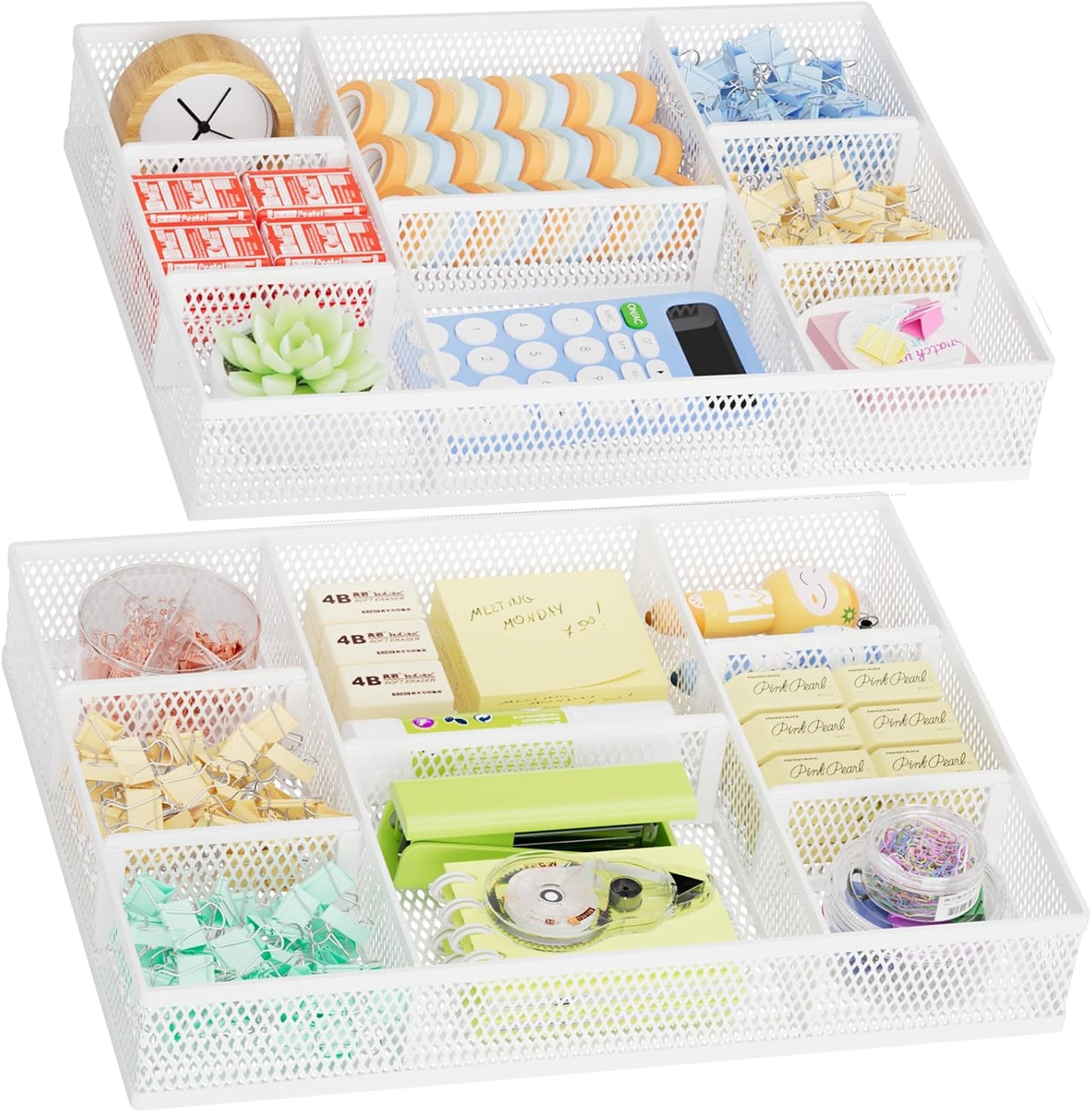 Marbrasse 2 Pack Desk Drawer Organizer, Mesh Drawer Organizer Tray with 8 Adjustable Compartments, Desk Organizers and Accessories, 5 Dividers Drawer for Office Supplies, Makeup & Vanity (Black)