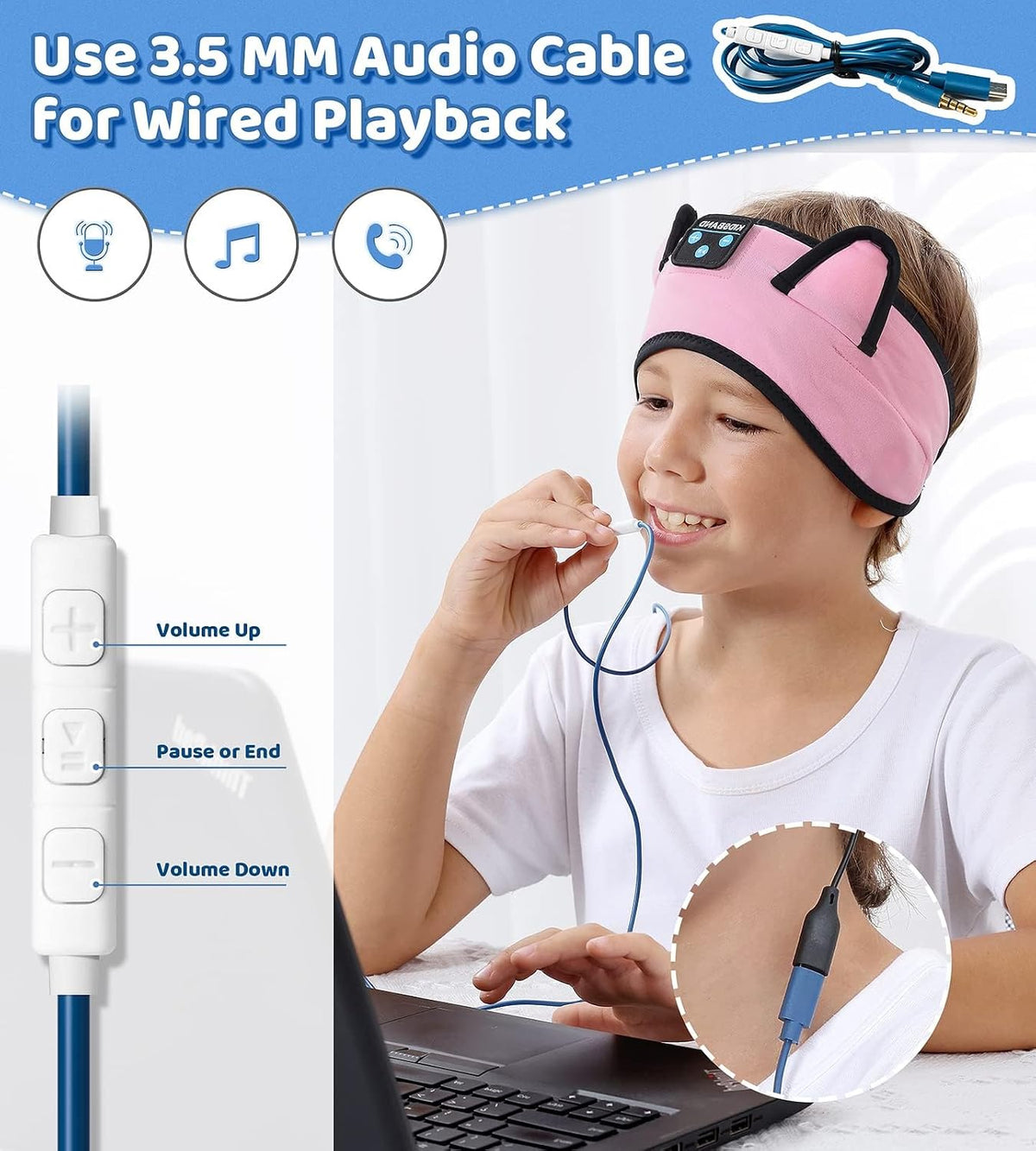 KIDSBAND Kids Bluetooth Headphones, Sleep Headband [Wireless & Wired Playback 2in1] Foldable Headphones for School/Travel/Tablet/Sleep