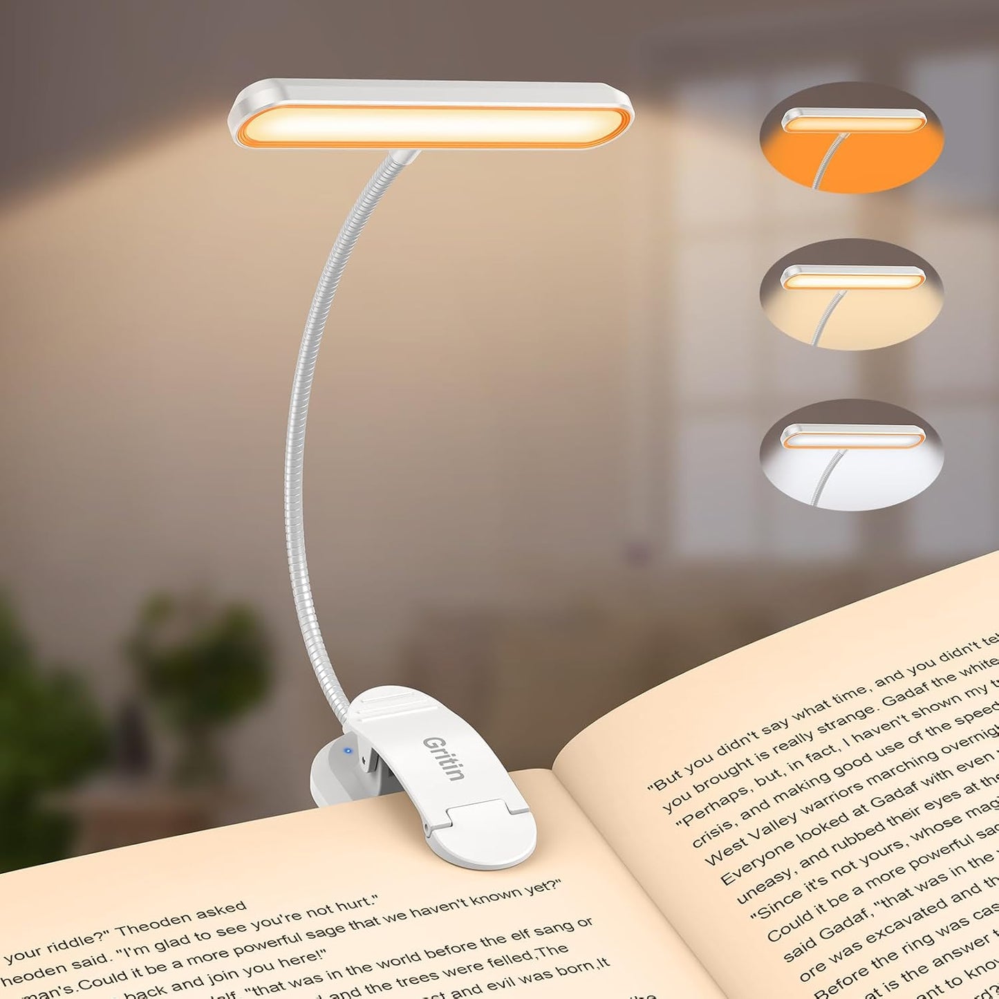 Gritin Rechargeable Book Light for Reading in Bed with 19 LED | Eye Caring 3 Color Temps,5 Brightness Levels,Memory Function,90 Hrs Runtime Flexible Goose Neck Clip on Light for Book Lovers