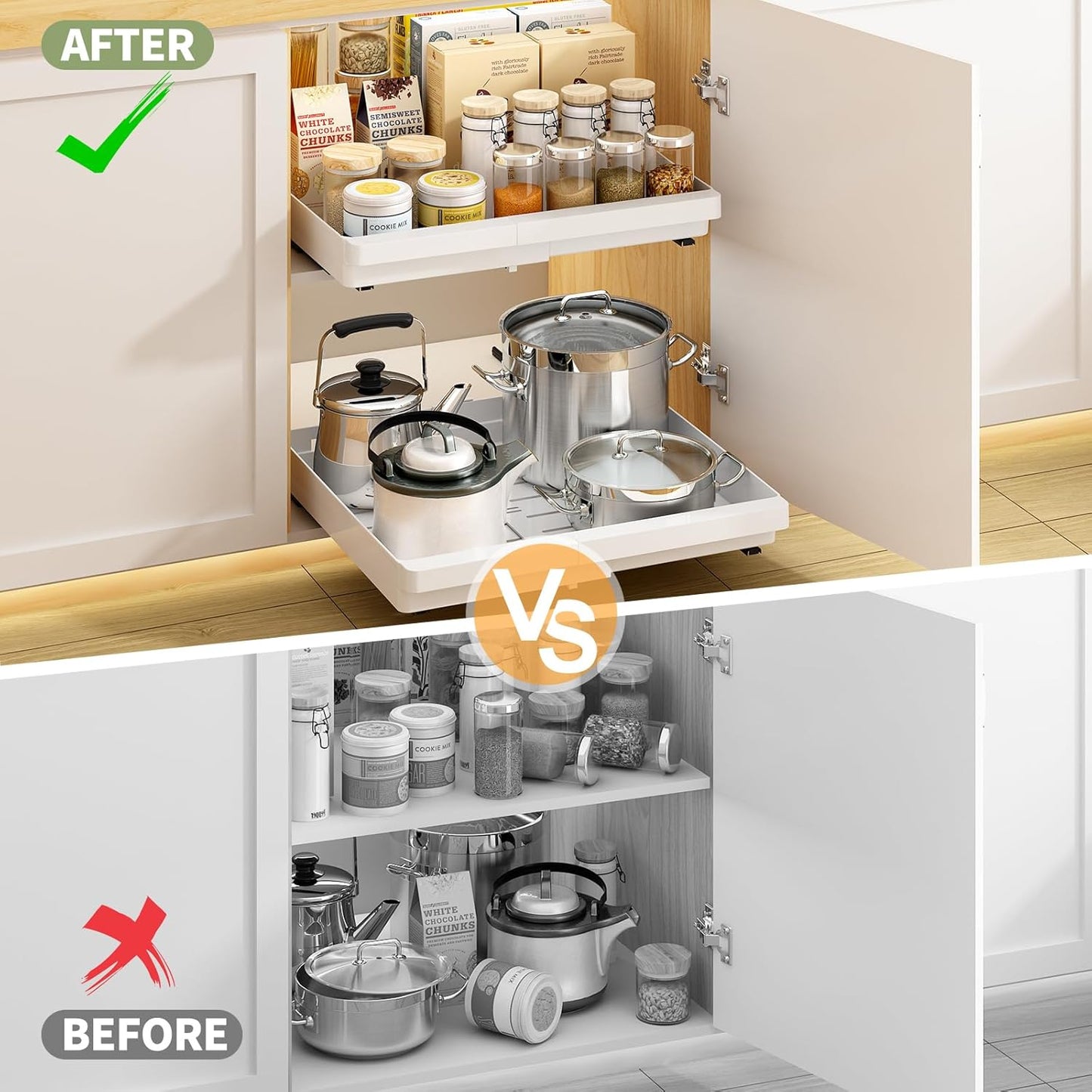 DOMNIU Pull Out Cabinet Organizers Expandable,White,16.9"Depth,2 Pack | Slide Out Drawers for Kitchen, Bathroom, Pantry, Under Sink Storage, Fixed with Adhesive Nano Film (11.6''-17.5'')