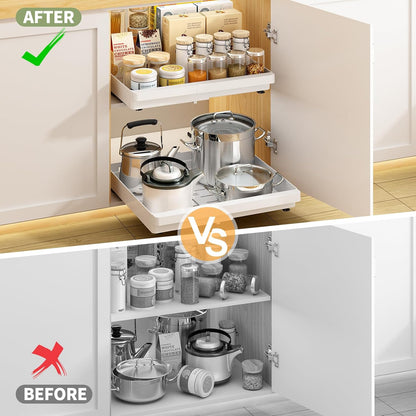 DOMNIU Pull Out Cabinet Organizers Expandable,White,16.9"Depth,2 Pack | Slide Out Drawers for Kitchen, Bathroom, Pantry, Under Sink Storage, Fixed with Adhesive Nano Film (11.6''-17.5'')