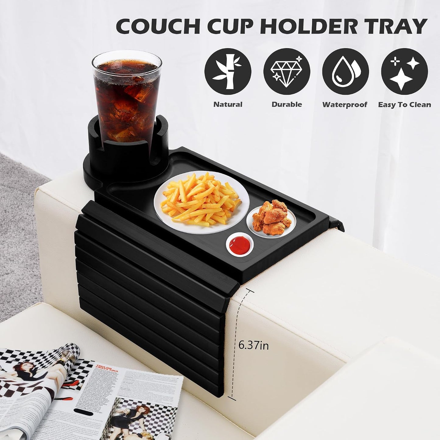 GHKINMAL Couch Cup Holder Tray, 3 in 1 Couch Arm Trays,Large Bamboo Chair Arm Rest Tray with 360° Cup Holder,Removable Anti-Slip Organizer for Snack Eating