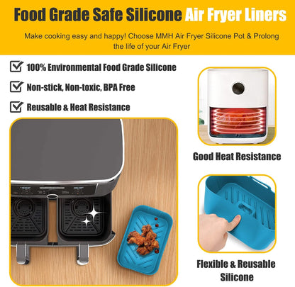 2Pcs Air Fryer Silicone Liners Rectangular for Ninja Foodi Dual DZ201 8QT | DZ090 6QT/Ninja DoubleStack SL201 8QT, MMH Reusable Airfryer Pot Baking Basket | Non-stick | Easy Cleaning | Food Safe | Gray