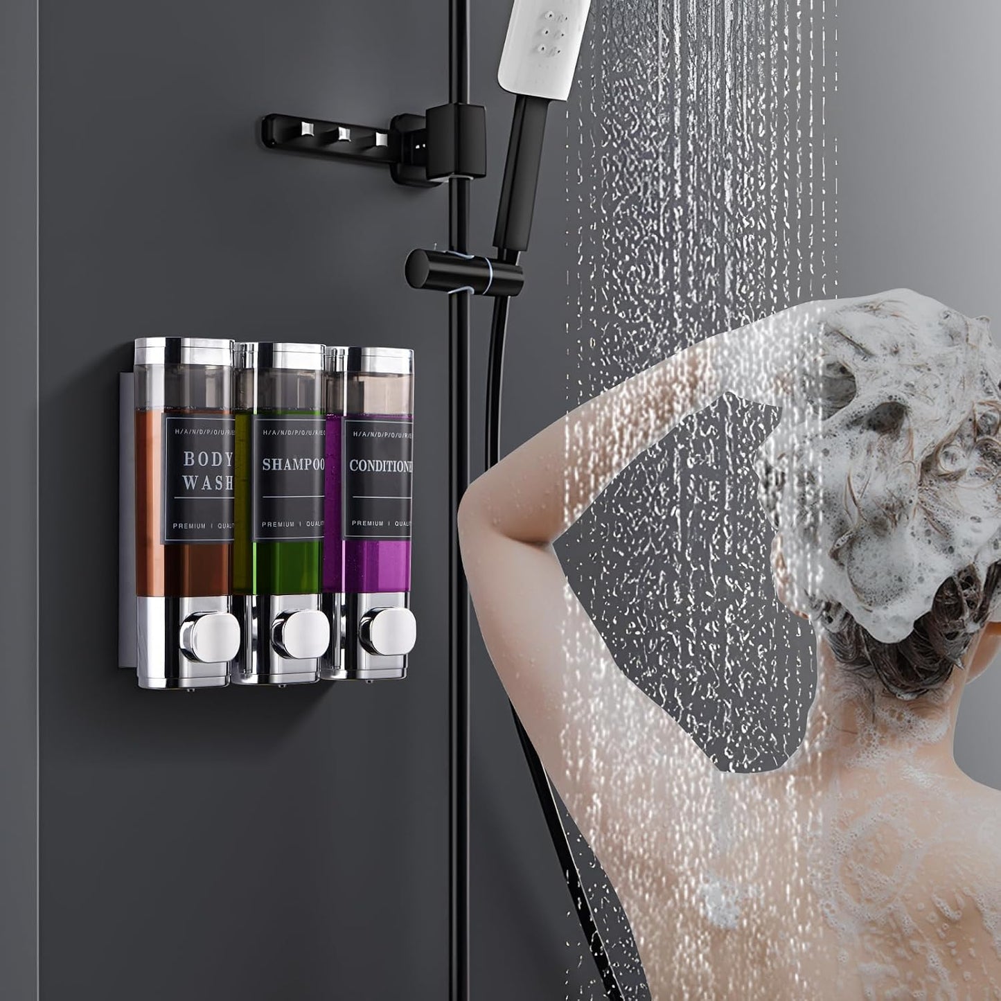 Cabo Deseado Shower Soap Dispenser Wall Mounted No Drill Shampoo Dispenser for Shower Wall Shampoo and Conditioner Dispenser Bathroom Hotel 3 * 350ml Gungray with Labels