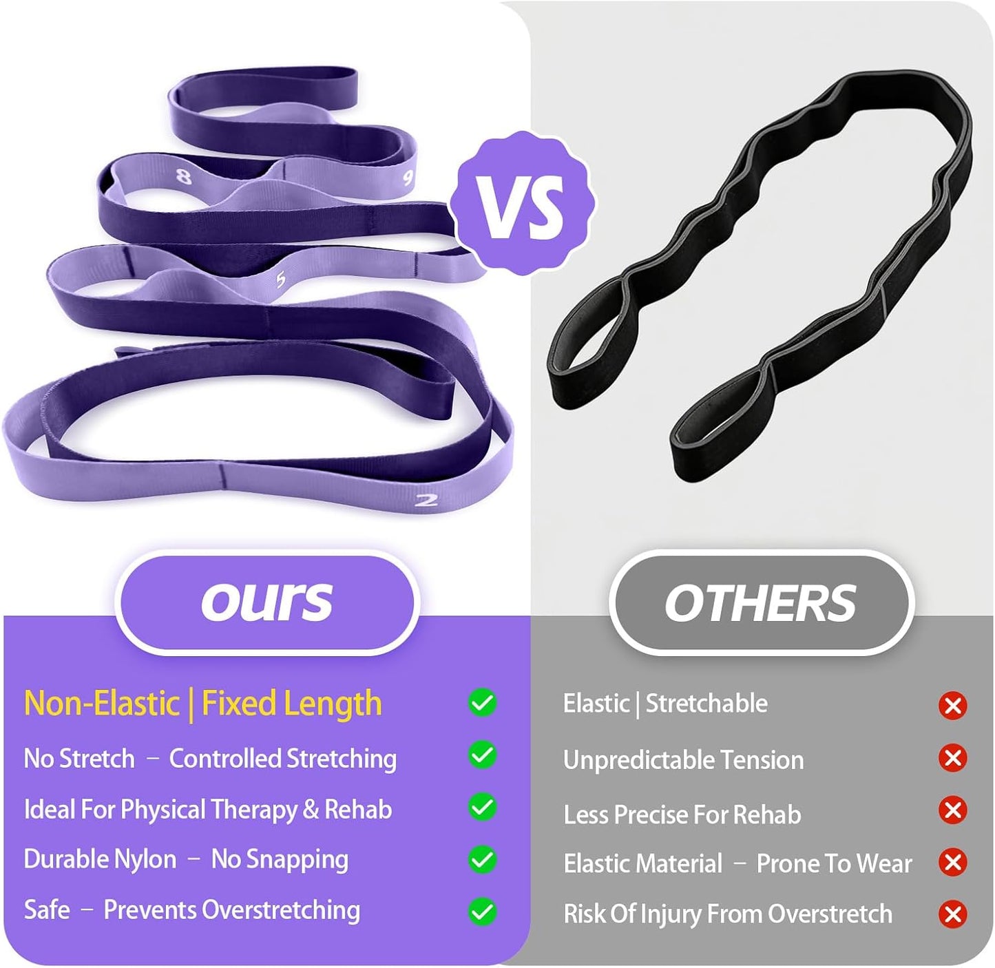 Non Elastic Stretching Strap with Loops - Yoga Straps for Physical Therapy, Durable Stretch Bands for Exercise, Flexibility Training, Hamstring & Leg Stretcher, Yoga/Pilates/Gymnastics