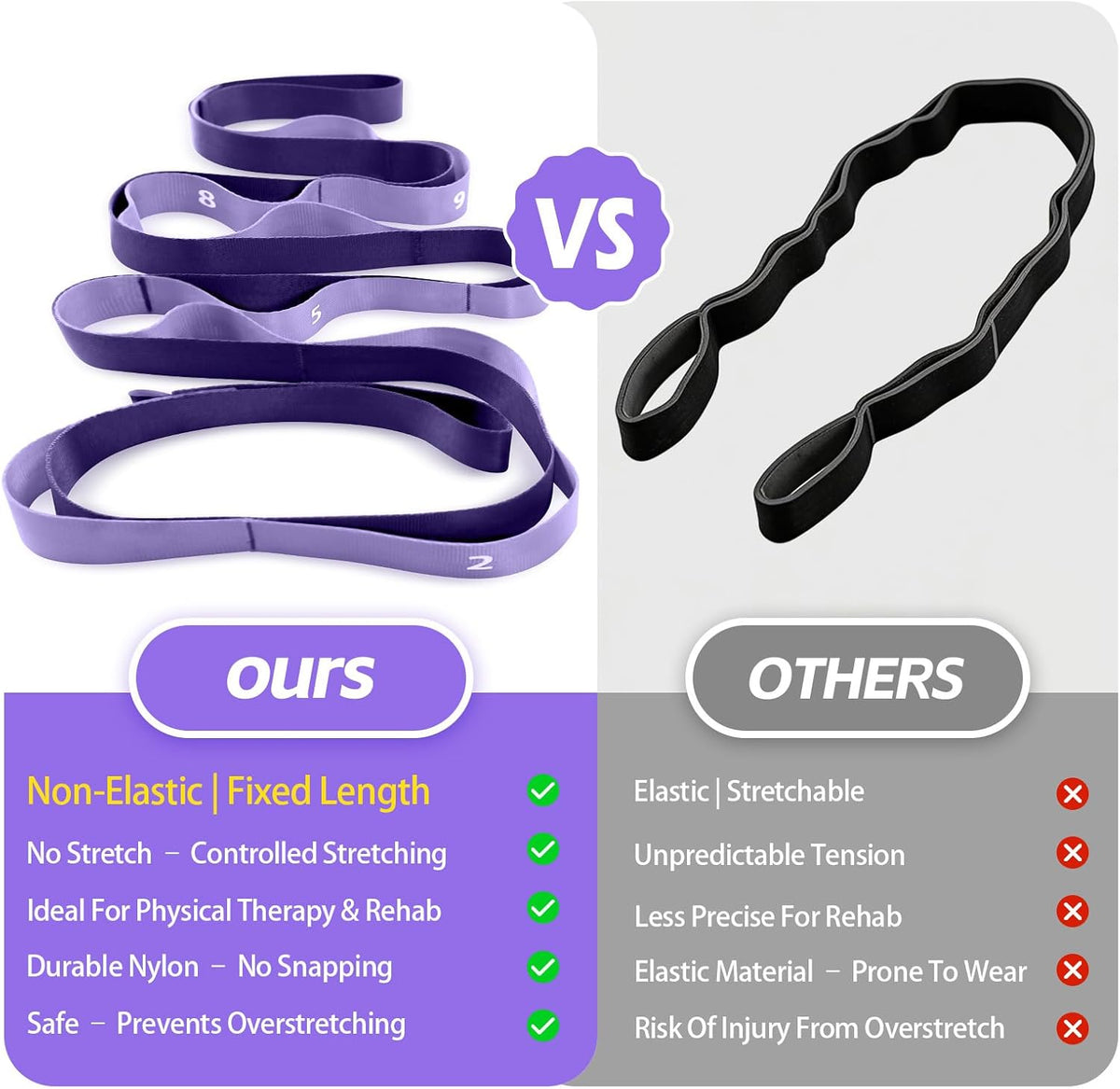 Non Elastic Stretching Strap with Loops - Yoga Straps for Physical Therapy, Durable Stretch Bands for Exercise, Flexibility Training, Hamstring & Leg Stretcher, Yoga/Pilates/Gymnastics