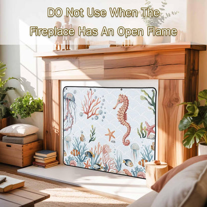 Magnetic Fireplace Cover Turtle Coral Starfish Fireplace Screen Decorative Shell Ocean Marine Life Insulation Fireplace Blocker Save Energy Fireplace Draft Stopper Covers for Living Room 39x32 Inch