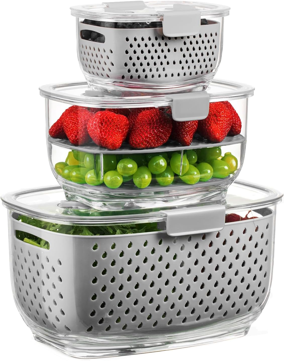 LUXEAR Fresh Produce Vegetable Fruit Storage Containers 3Piece Set, BPA-free, Partitioned Salad Container, Fridge Organizers, Used in Storing Fruits Vegetables, White