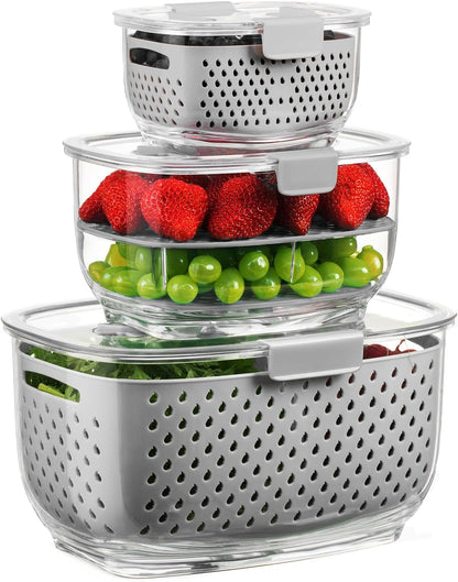 LUXEAR Fresh Produce Vegetable Fruit Storage Containers 3Piece Set, BPA-free, Partitioned Salad Container, Fridge Organizers, Used in Storing Fruits Vegetables, White