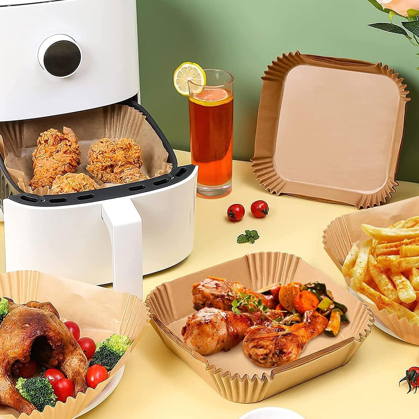 Air Fryer Liners Disposable Paper,100Pcs Parchment Paper Liners,Non Stick Airfryer Paper Liners,Food Grade Air Fryer Accessories WaterProof OilProof for Microwave Oven Steamer 6.3inch Square