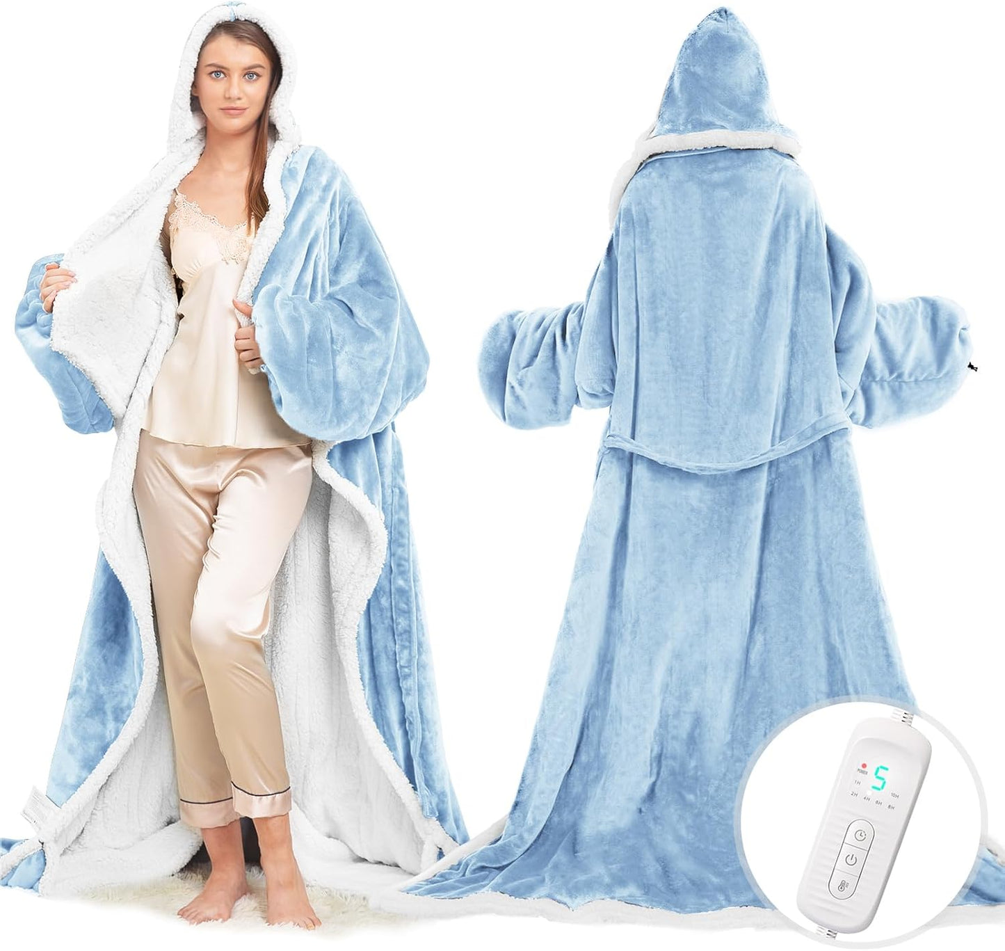 Wearable Heated Blanket with Foot Pocket, Electric Wearable Throw Blanket with Sleeves, Hood, Portable Heated Blanket with 8 Heat Settings, 1-10 Hours Auto Shut-off, Gift for Family, Friends, 50*70"