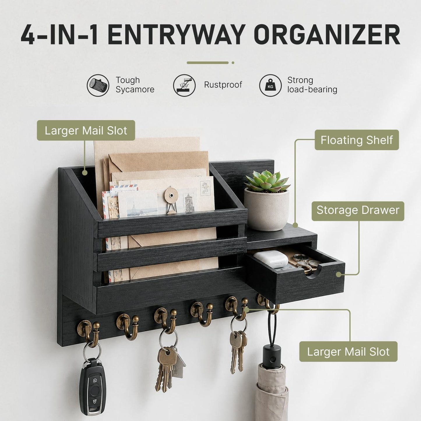 FifthQuarter Key and Mail Holder Wall Mount with Drawer and 6 Sturdy Hooks | Cute Rustic Farmhouse Wooden Key Hanger, Reliable Entryway Organizer for Keys and Daily Essential, Easy Installation, A-White