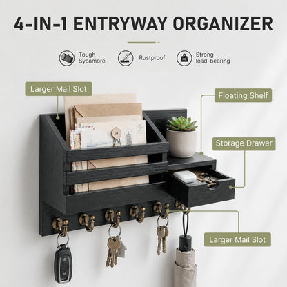 FifthQuarter Key and Mail Holder Wall Mount with Drawer and 6 Sturdy Hooks | Cute Rustic Farmhouse Wooden Key Hanger, Reliable Entryway Organizer for Keys and Daily Essential, Easy Installation, A-White