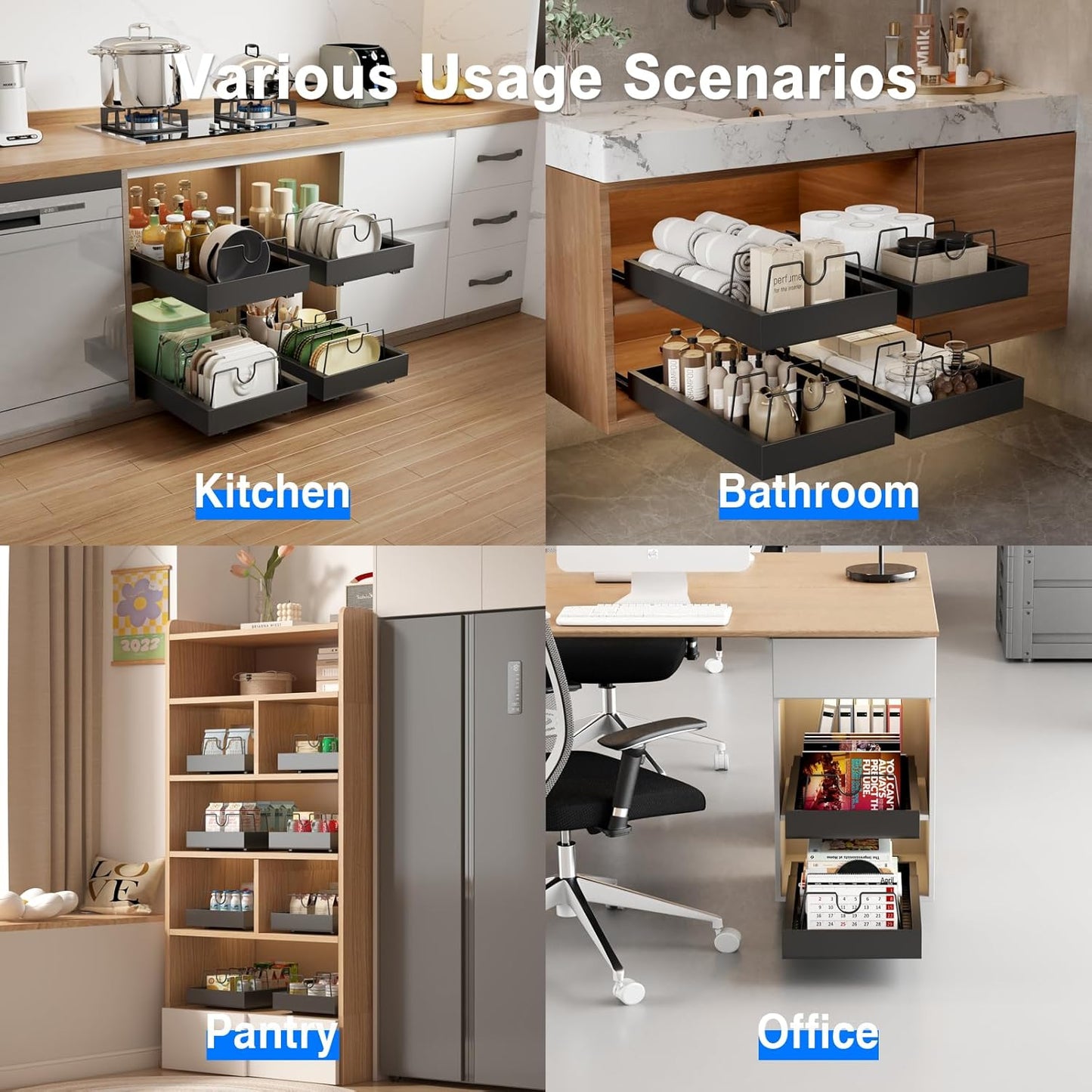 Mustorn 2 Pack Pull Out Cabinet Organizer, Slide Out Drawers for Cabinets, Peel and Stick, Heavy Duty Shelves for Kitchen, Cupboard, Pantry, Bathroom (16.5"D*11.8"W*3.94"H-Black)