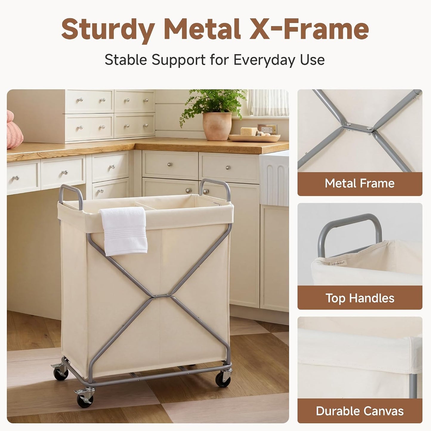 StorageWorks 2 Section Laundry Sorter with Wheels, 160L Beige Hamper Basket | Beige Divided Hamper, Rolling Organizer for Bedroom, Bathroom, College, Apartment
