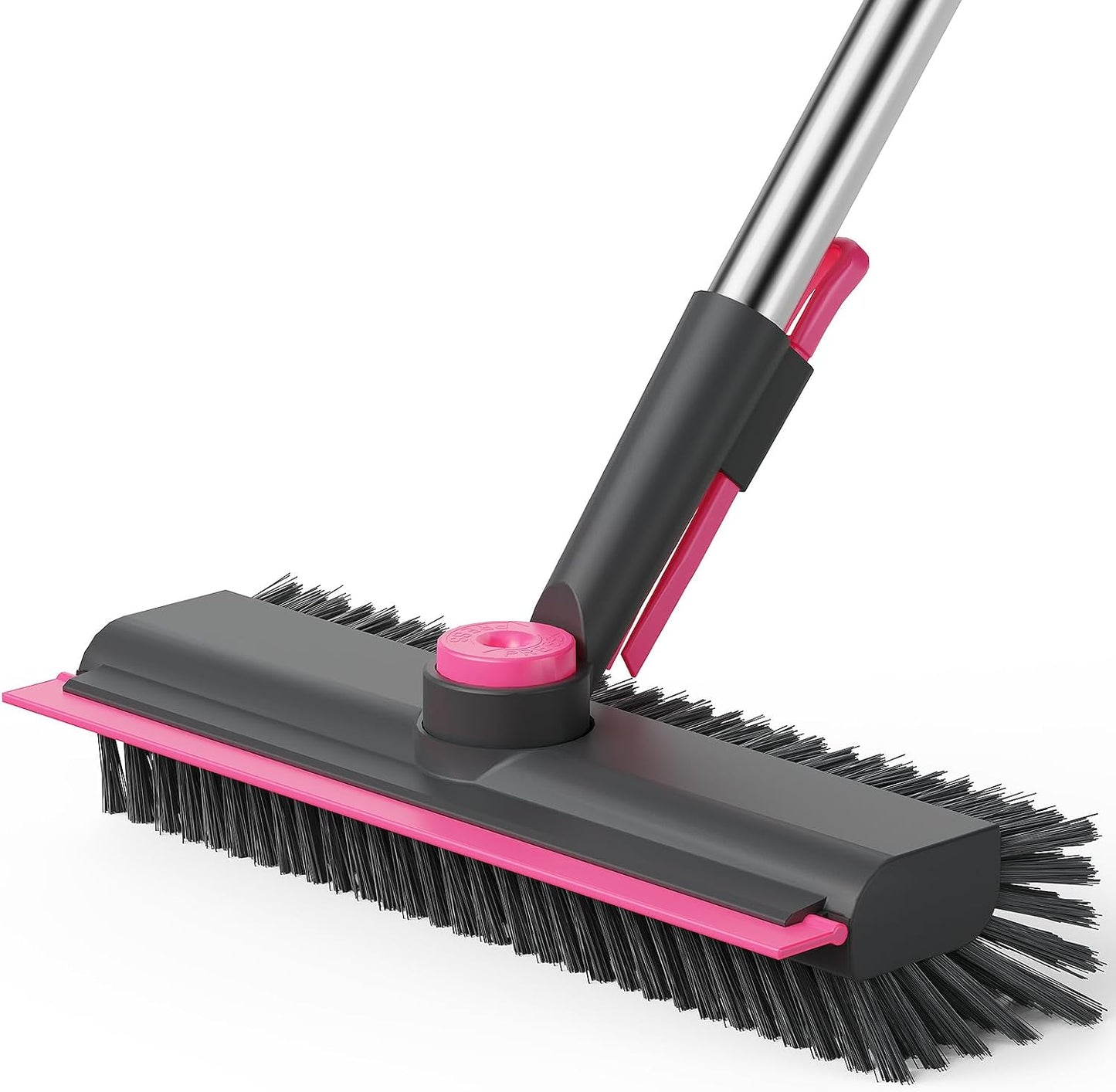 AIR U+ Floor Scrub Brush with Long Handle, 3-in-1 Rotating Head & Squeegee | Stiff Dual-Sided Bristle Scrubber for Shower, Bathroom, Kitchen and Patio, 30–50 In Handle for Easier Stand-up Cleaning