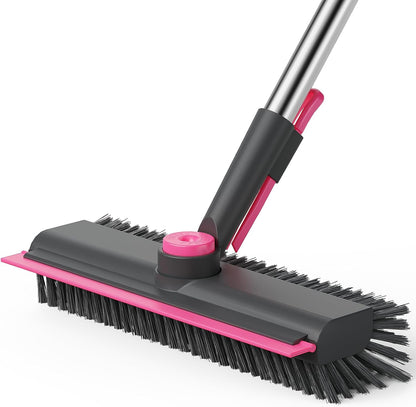 AIR U+ Floor Scrub Brush with Long Handle, 3-in-1 Rotating Head & Squeegee | Stiff Dual-Sided Bristle Scrubber for Shower, Bathroom, Kitchen and Patio, 30–50 In Handle for Easier Stand-up Cleaning