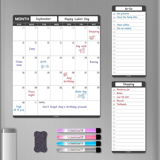 ALEZEL Magnetic Dry Erase Refrigerator Calendar, Monthly Planner Whiteboard | Includes Vertical Fridge Calendar Whiteboard & 2 List White Boards, 4 Markers + Eraser, Colorful