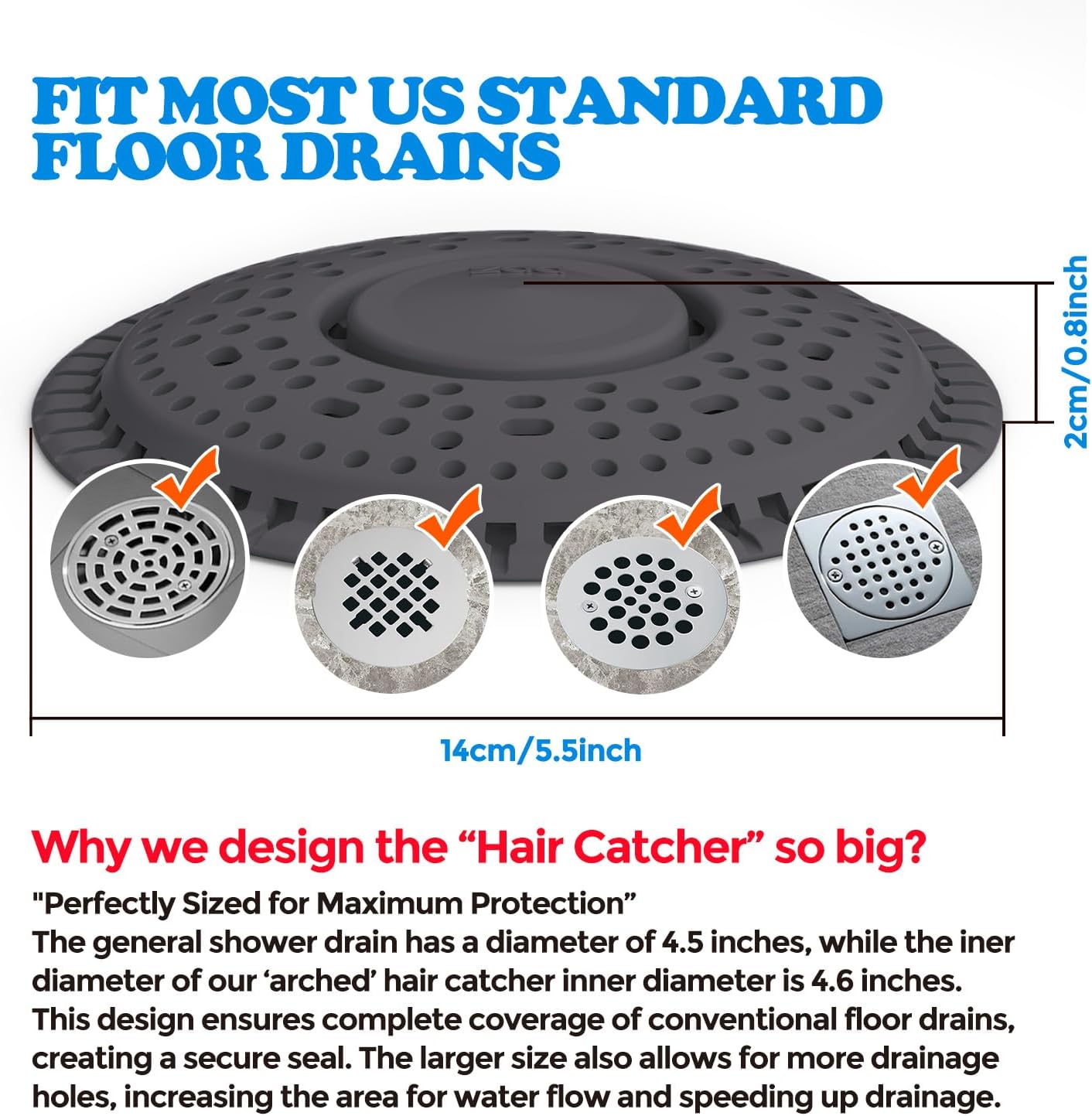 Shower Drain Hair Catcher Silicone Flat Floor Strainer Protector | 2 Pack Gray Weighted Flat Shower Drain Protectors, Traps Hair Before Clogs, Easy to Clean in Seconds, Fits Flat Floor Drains