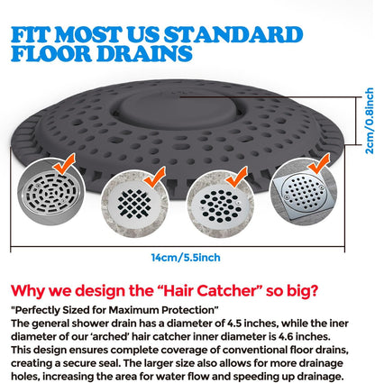 Shower Drain Hair Catcher Silicone Flat Floor Strainer Protector | 2 Pack Gray Weighted Flat Shower Drain Protectors, Traps Hair Before Clogs, Easy to Clean in Seconds, Fits Flat Floor Drains