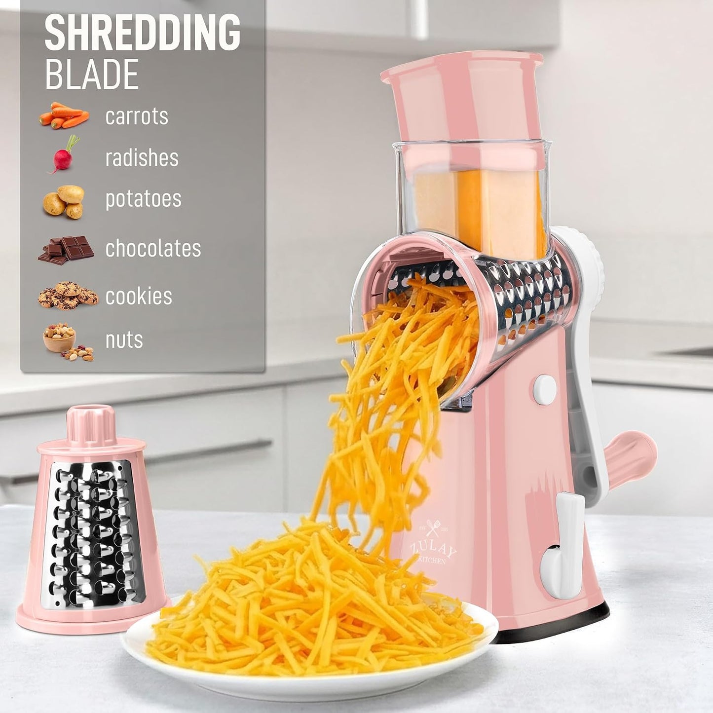 Zulay Kitchen Rotary Cheese Grater 5 Blade Cheese Shredder - Manual Hand Crank Cheese Grater With Reinforced Suction & 5 Interchangeable Drums - Easy to Use, Vegetable Chopper Round Mandoline Slicer - Colors B