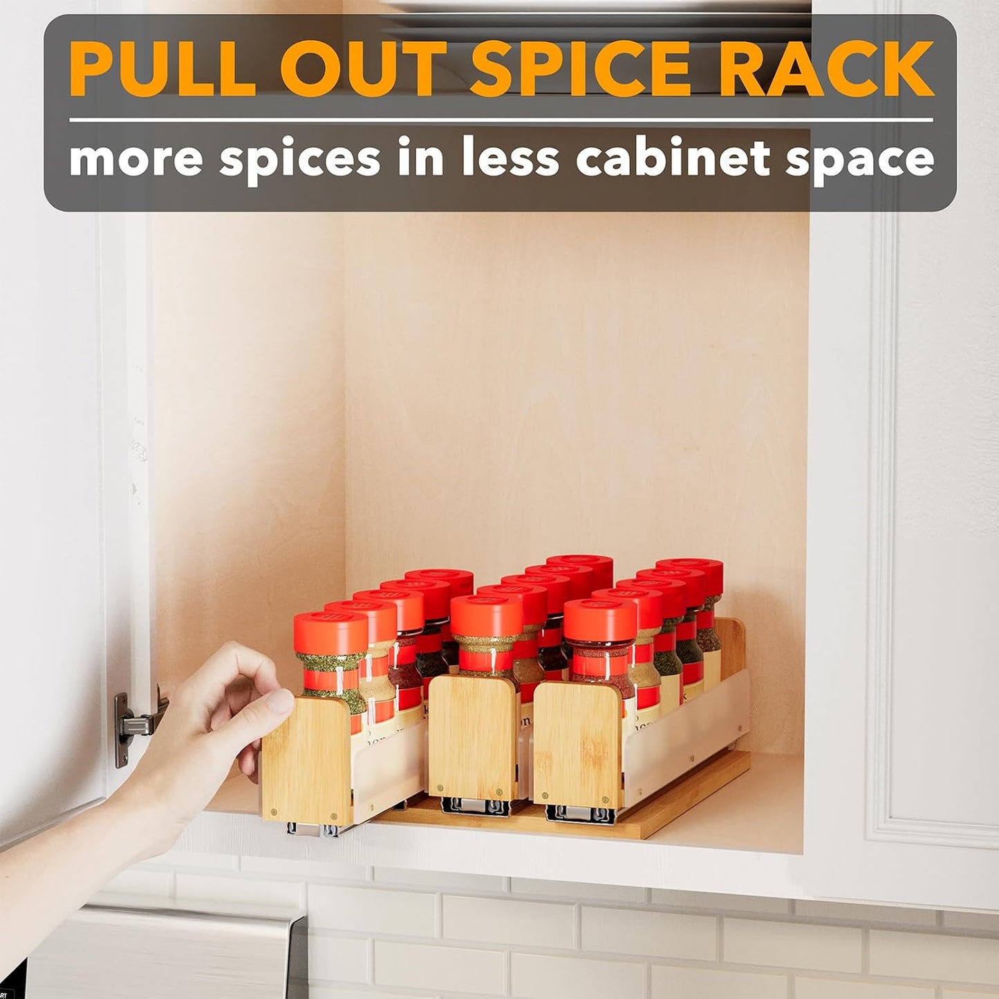 SpaceAid Bamboo Pull Out Spice Rack Organizer for Cabinet, Heavy Duty Slide Out Seasoning Kitchen Pantry Sliding Vertical Organization, 7.6" Wide, 3 Drawers(2" Wide), 2-Tier, Natural