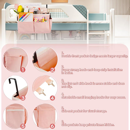 Bedside Caddy Organizer 5 Pockets and 4 Hooks for Bunk Bed Pink | Hanging Storage Bag for Headboards