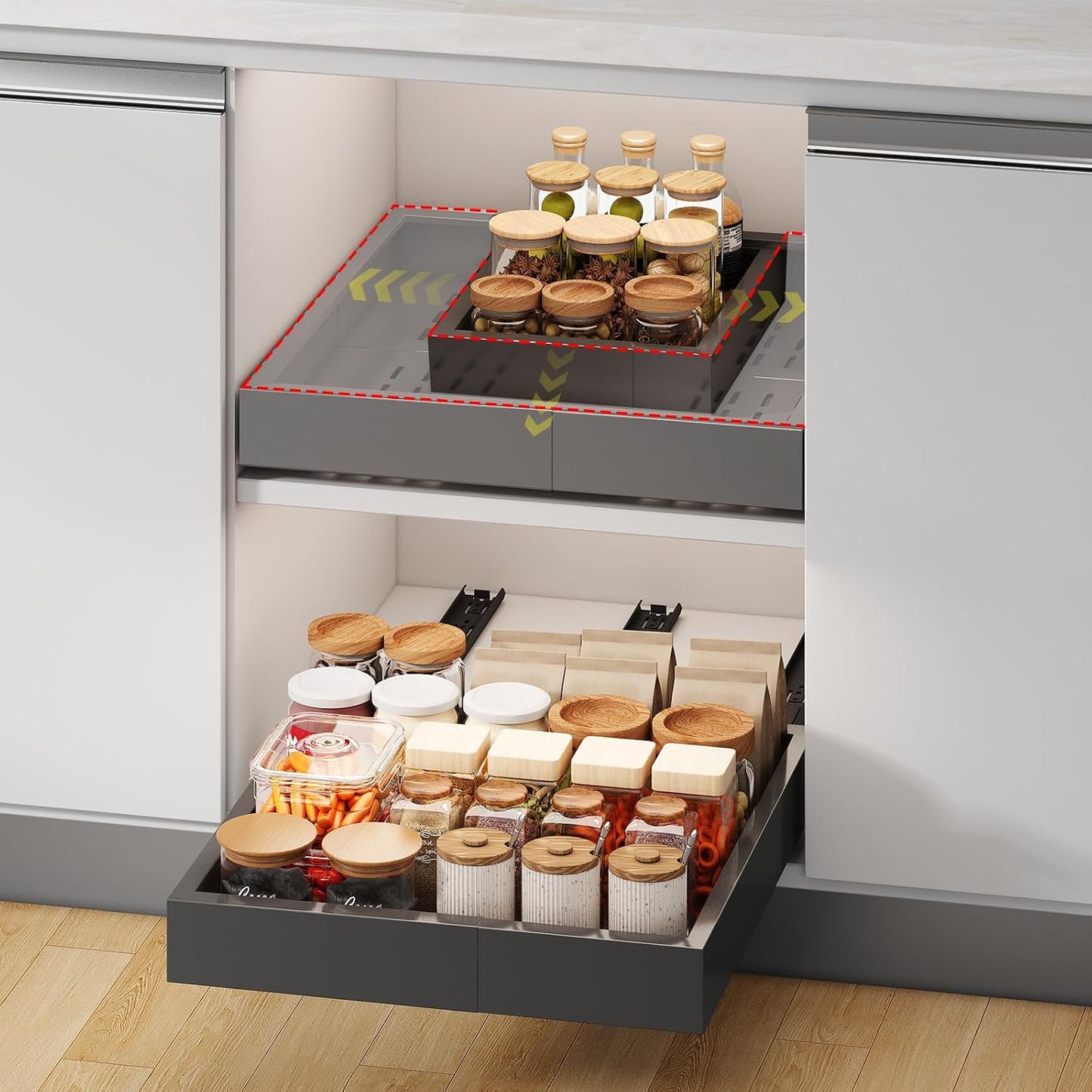 Fokyfok Pull Out Cabinet Organizer,23"-31"W,17"-24"D,Expandable,Adhesive | No Drill,5 Rails,Adjustable Slide out Drawers for Kitchen,Pantry,Roll out Shelves,Cabinets Without Lip,Framless,White,1PC