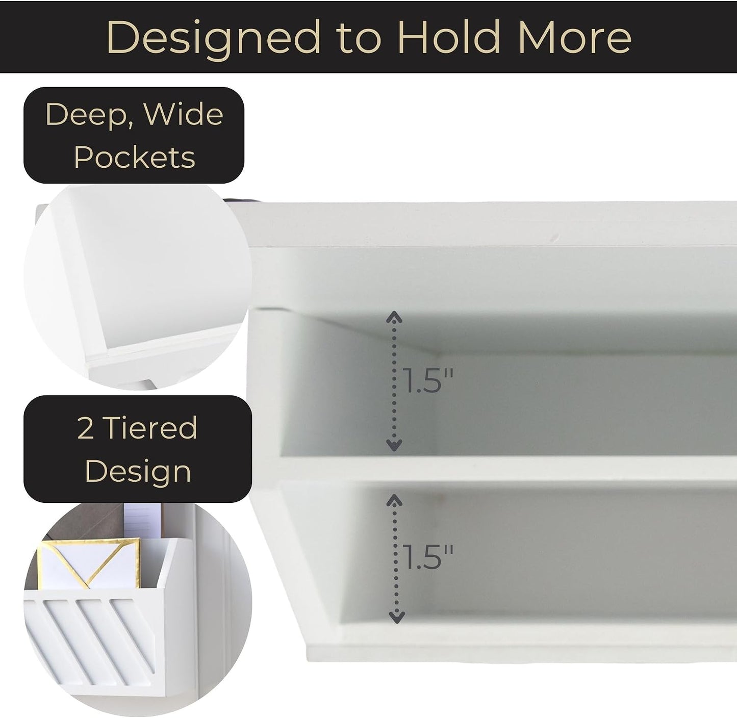 BLU MONACO Wall-Mounted Mail and Key Holder – Natural Wood 2-Tier Letter Organizer with 3 Hooks | Entryway Command Center for Mail, Keys, and Documents