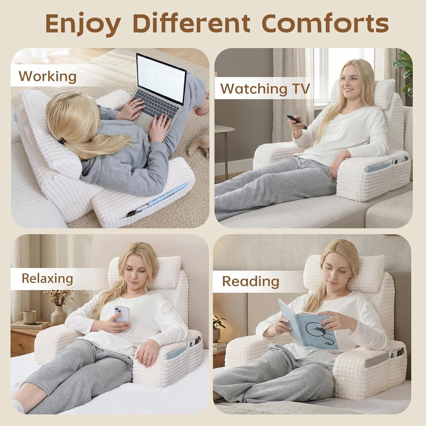 Vekkia 19'' Reading Pillow for Adults with XL Side Pockets, Adjustable Arms | 45° Back Support Chair for Sitting in Bed, Washable Cover, Perfect for Gaming, Watching TV, Relaxing, or Recovery, Gift Idea