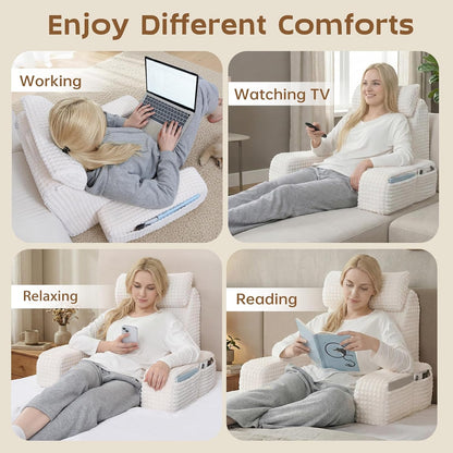 Vekkia 19'' Reading Pillow for Adults with XL Side Pockets, Adjustable Arms | 45° Back Support Chair for Sitting in Bed, Washable Cover, Perfect for Gaming, Watching TV, Relaxing, or Recovery, Gift Idea