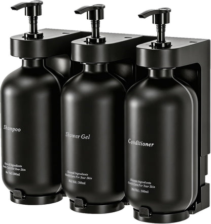 Shampoo and Conditioner Dispenser, Wall-Mounted 3-Bottle Set | 3 Refillable PET Bottles with Waterproof Labels, Adhesive and Screws for Bathrooms, Showers, Hotels, Vacation Rentals and RVs