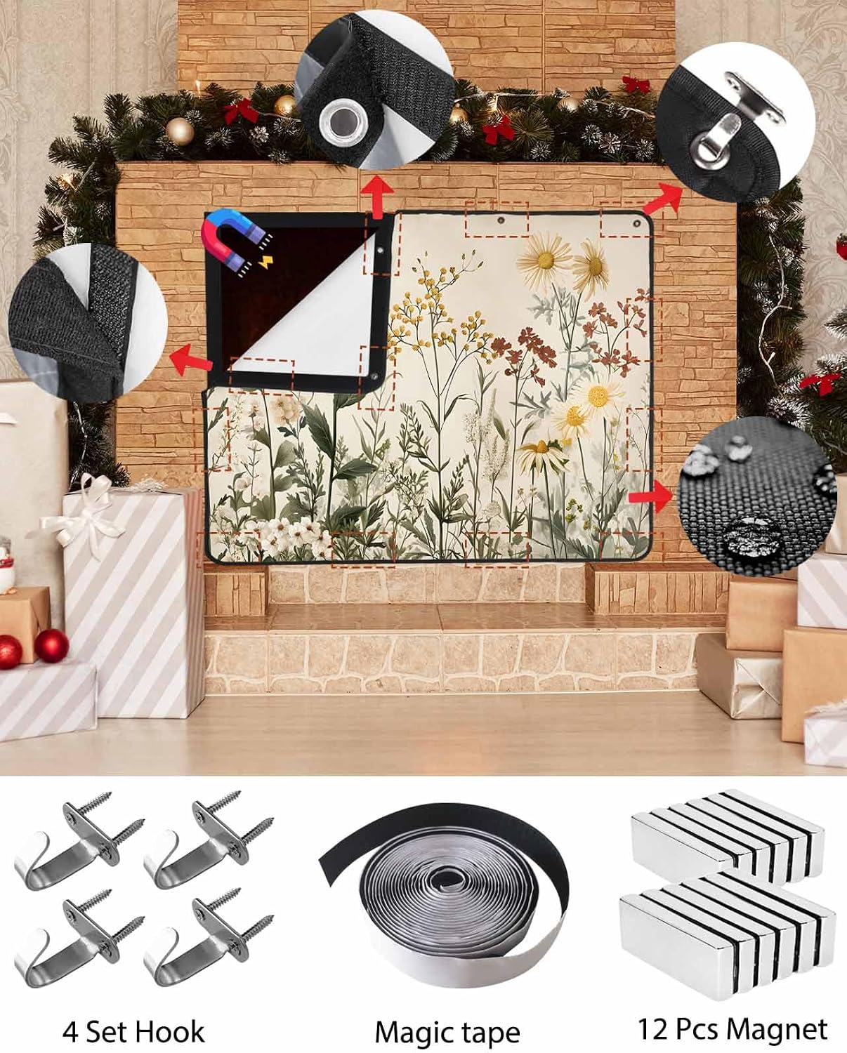 Botanical Magnetic Fireplace Cover Decorative Indoor for Brick Fireplace, Retro Plant Wildflower Green Leaf Ferns Insulation Fireplace Blocker Blanket Draft Stop Hot Heat Save Energy, 51" Wx39 H