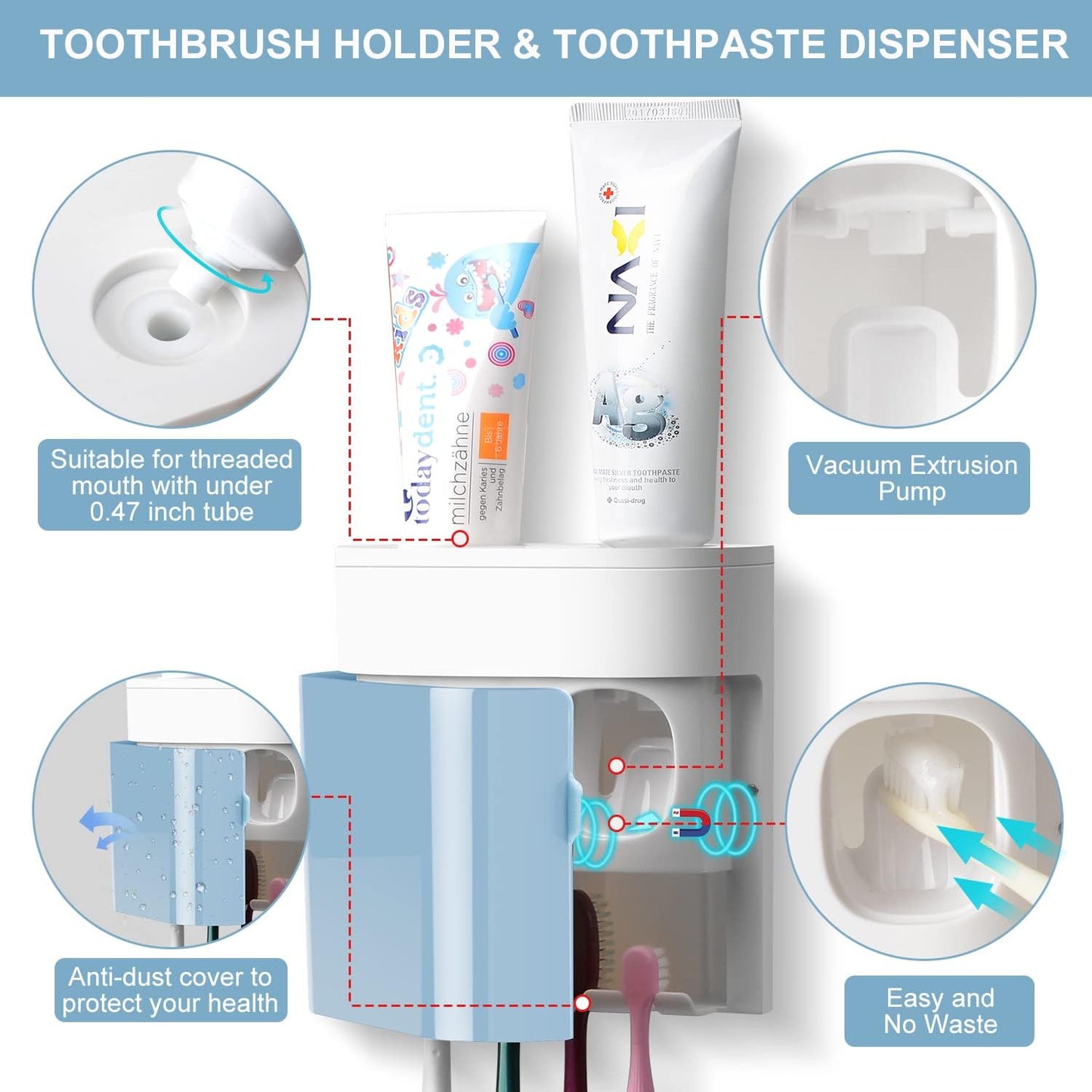 GFWARE Toothbrush Holder Toothpaste Dispenser Wall Mounted with Cover, 4 Slots Tooth Brush Storage Organizer with Automatic Kids Toothpaste Squeezers for Shower Bathroom Black | Automatic Toothpaste dispenser for Kids, Bathroom Storage Organizer with