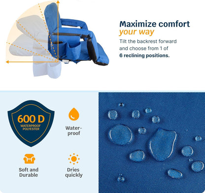 Heated Reclining Stadium Seat for Bleachers – Wide Bleacher Chair with Back Support and Cushion, Armrests, Side Pockets, & Hook – Stadium Seats Chairs for Camping, Kayak, Paddle Board & More