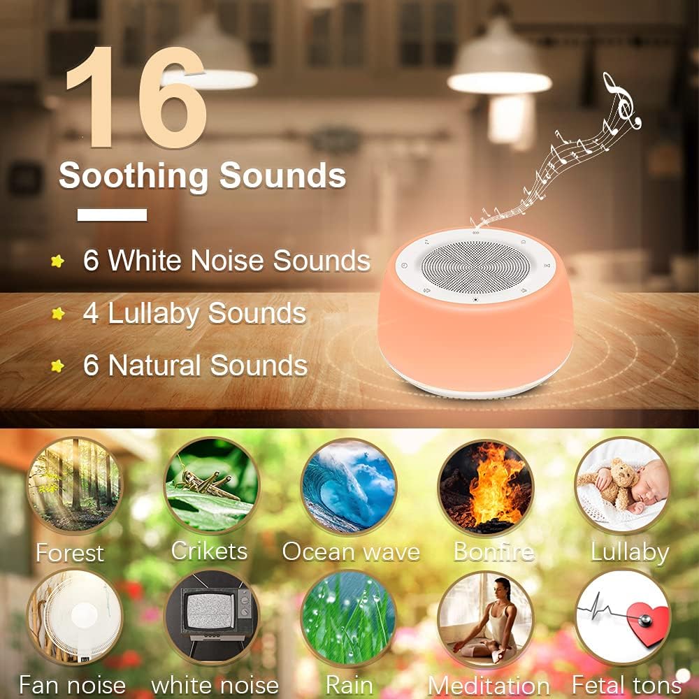 White Noise Machine with Night Lights, Sleep Sound Machine 32 Soothing Sounds for Baby Adults Kids Sleeping, Fan Wave Sound Lullaby, Timer and Memory Feature, RGB Color Touch Table Lamp