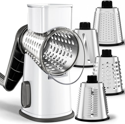 Weltonhm 4 in 1 Large Rotary Cheese Grater Hand Crank (black, 3 Graters) | Cheese Shredder Rotary and Slicer with 4 Stainless Steel Blades for Vegetables, Veggie and Cheese, Stronger Suction Base