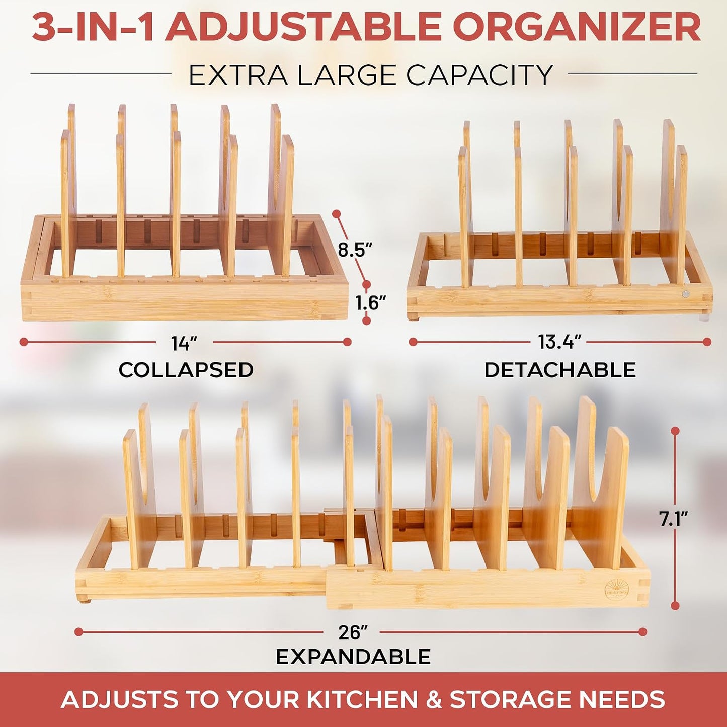 Pot and Pan Organizer for Under Cabinet – Bamboo Pot Lid Organizer for Cabinet with Magnetic Lock, Expandable 2-in-1, Adjustable Dividers, Non-Slip Base for Cutting Boards, Cookie Sheets, Bakeware