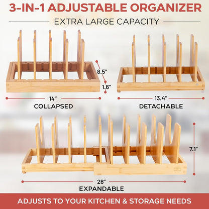 Pot and Pan Organizer for Under Cabinet – Bamboo Pot Lid Organizer for Cabinet with Magnetic Lock, Expandable 2-in-1, Adjustable Dividers, Non-Slip Base for Cutting Boards, Cookie Sheets, Bakeware