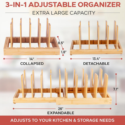 Pot and Pan Organizer for Under Cabinet – Bamboo Pot Lid Organizer for Cabinet with Magnetic Lock, Expandable 2-in-1, Adjustable Dividers, Non-Slip Base for Cutting Boards, Cookie Sheets, Bakeware