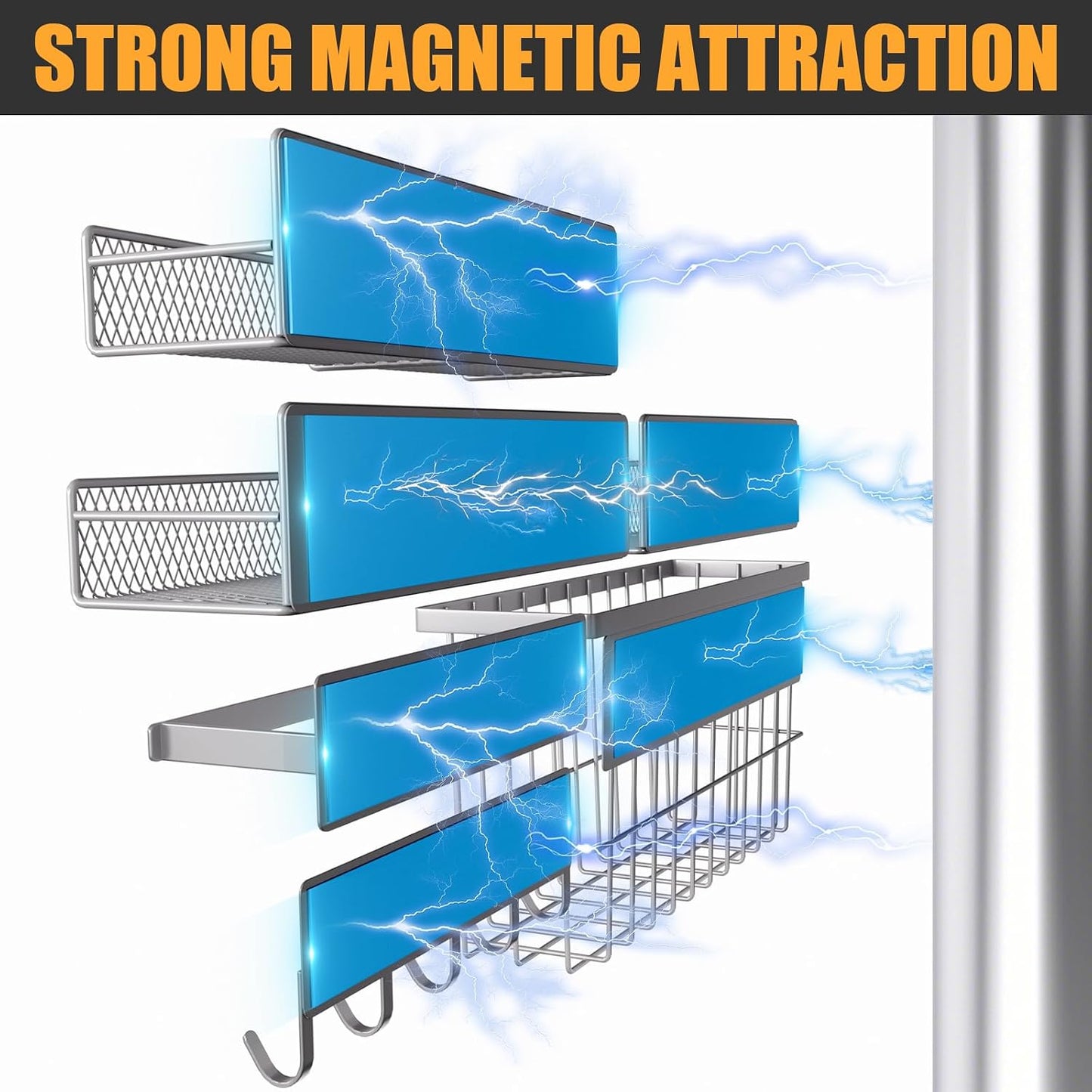 4 Pack Magnetic Shelves for Washing Machine, Heavy-Duty Magnetic Laundry Organizer with Hooks, Washing Machine Shelf for Refrigerator, Metal Storage Baskets, Closet & Laundry Room Organization(Black)