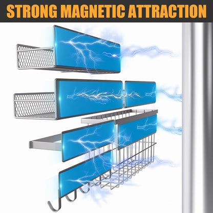 4 Pack Magnetic Shelves for Washing Machine, Heavy-Duty Magnetic Laundry Organizer with Hooks, Washing Machine Shelf for Refrigerator, Metal Storage Baskets, Closet & Laundry Room Organization(Black)