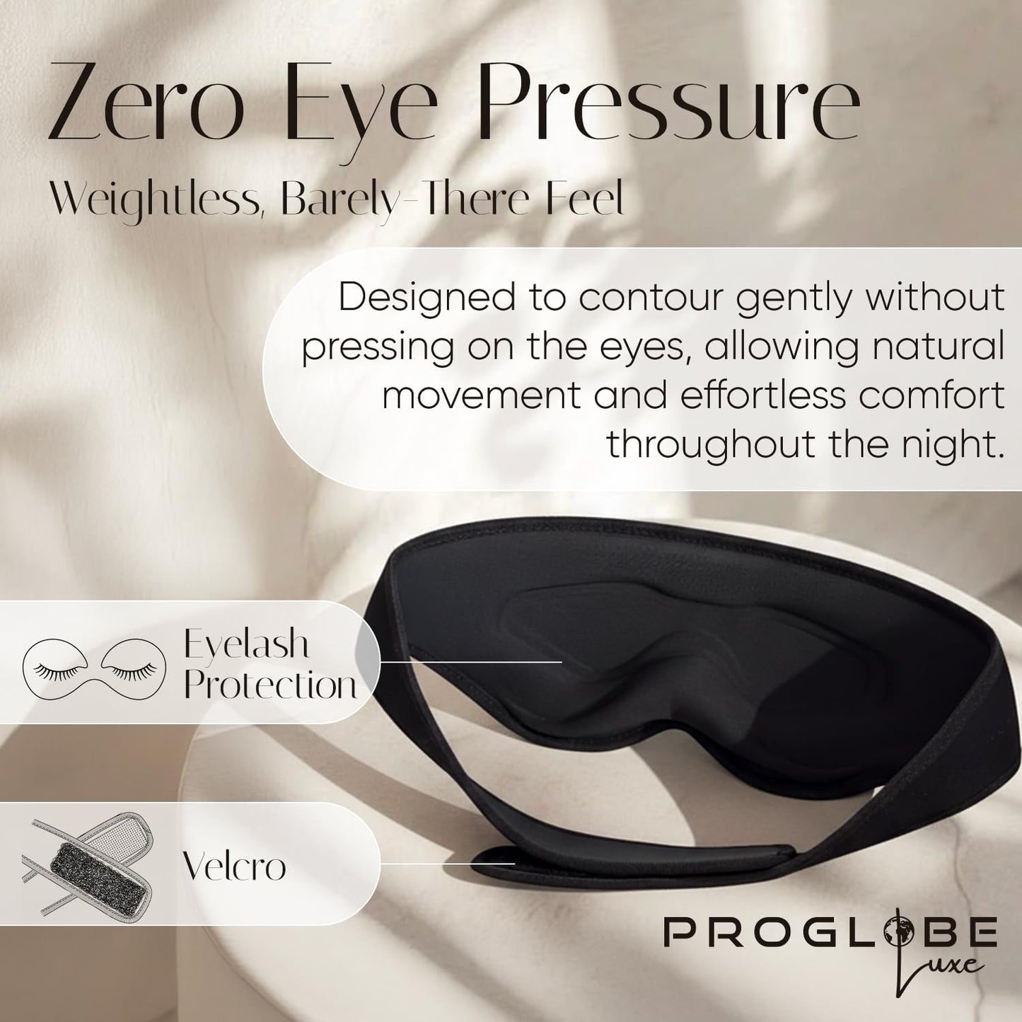 Proglobe Luxe Luxury Sleep Mask for Back & Side Sleepers, 100% Light Blocking 3D Eye Mask with Zero Pressure Eye Cups, Lash-Friendly, Soft Breathable Night Mask for Travel & Naps, Black