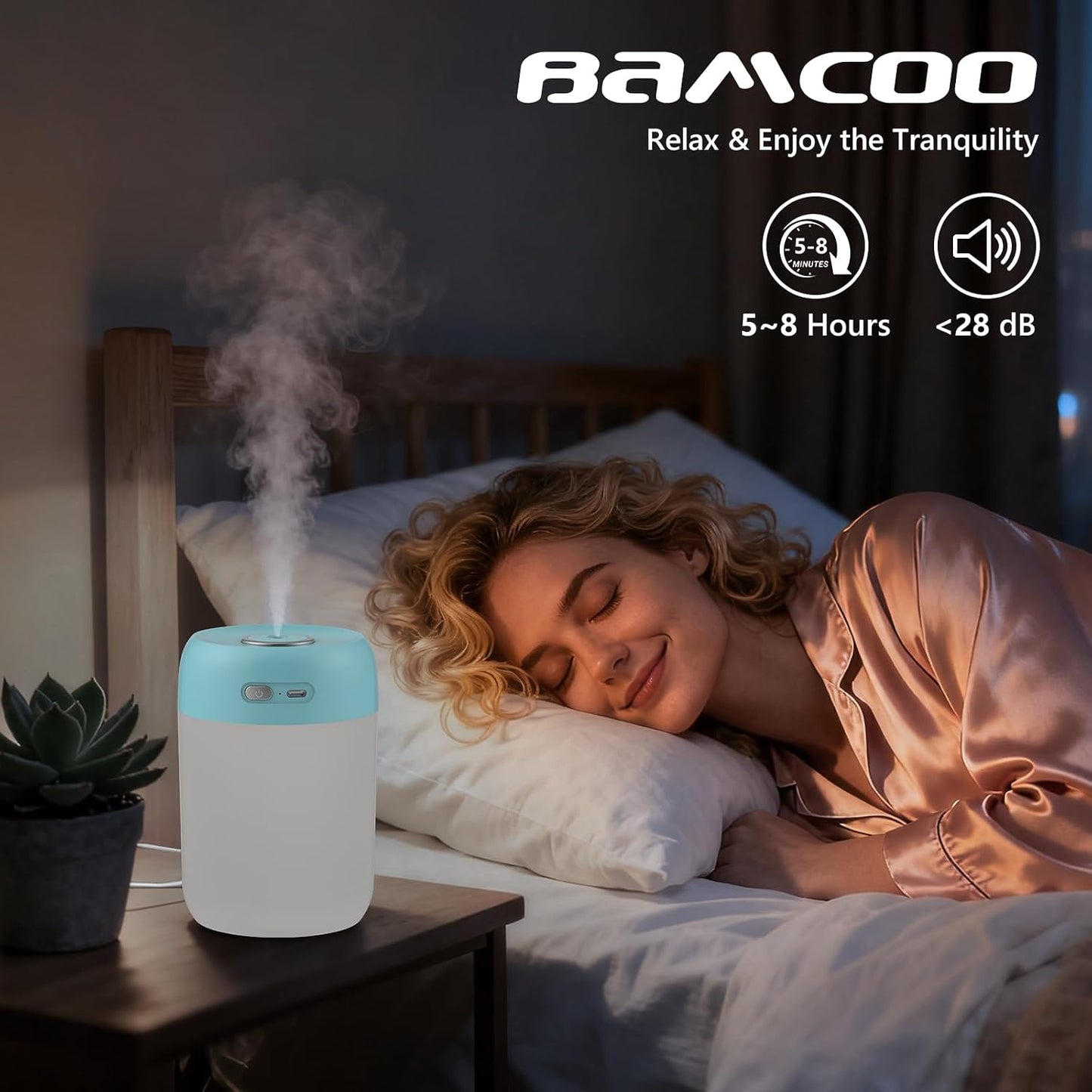 Portable Small Humidifier, 650ml Plant Humidifier, Blue | 7 Colors&Warm Light, Mini Humidifiers for Plants, Bedroom, Office, Dsektop