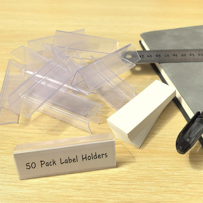 Shelf Label Holder, ELEMGULY 50 Pack Wood Shelf Label Holders Plastic Shelf Label Clip Clear Shelf Sign with 50 Pack Label Inserts for Home Office Library Shelves