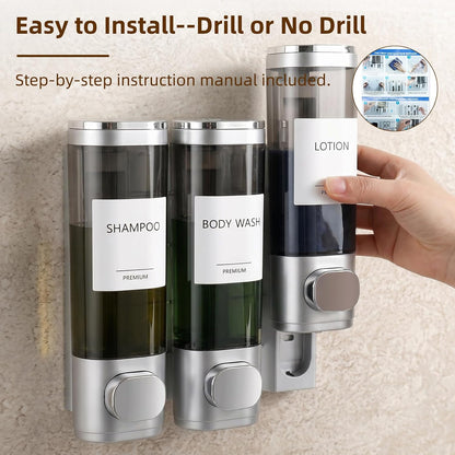 GMISUN Shower Soap Dispenser Wall Mounted with Razor Holder & Loofah Hook, No Drill Design Shampoo and Conditioner Dispenser, Plastic Shower Soap Dispenser Bottles with Labels Set of 3,Satin Silver