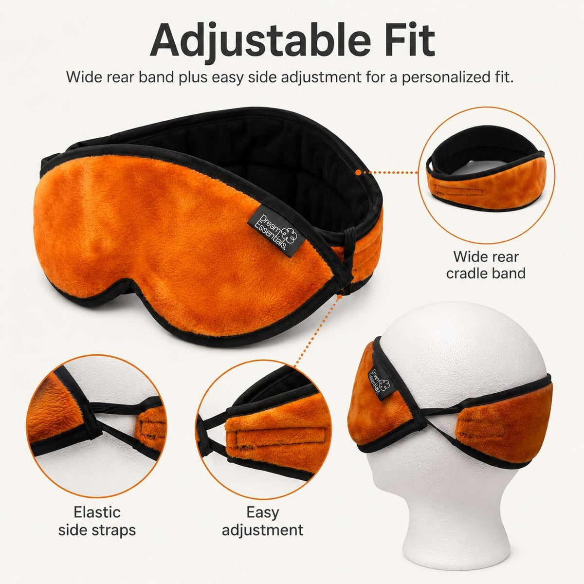Dream Essentials Utopia Blackout Sleep Mask with Wide Cradle Band, Adjustable Plush Eye Mask for Side Sleepers, Flexible Nose Bridge, Handmade in USA, Travel & Naps