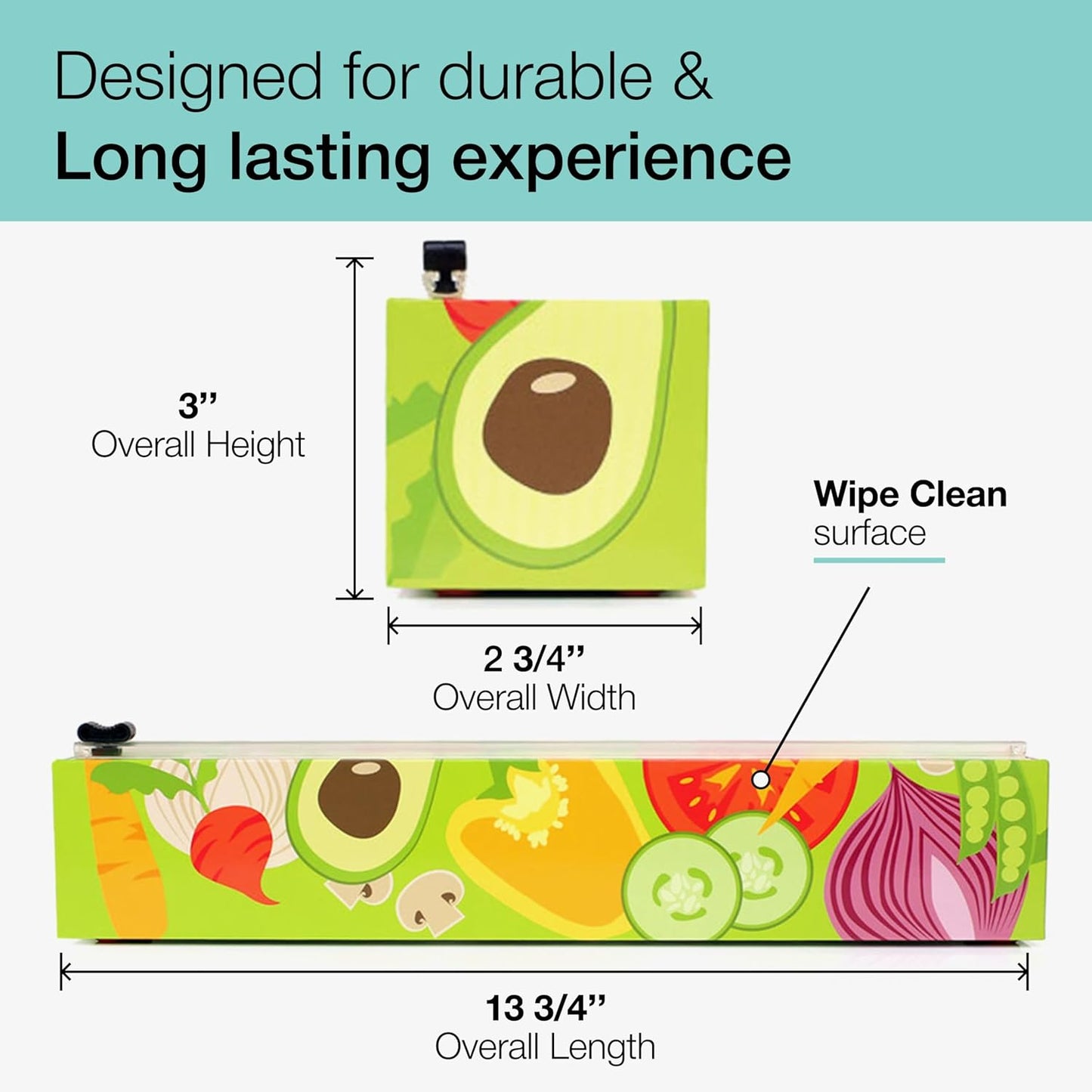 Chicwrap Veggies Refillable Plastic Wrap Dispenser - Includes One 12" x 250' Roll of Professional Grade Plastic Wrap - BPA Free and Kosher Certified - Reusable Dispenser w/Slide Cutter | Reusable Plastic Wrap Dispenser with Four Non-Slip Rubber Feet and